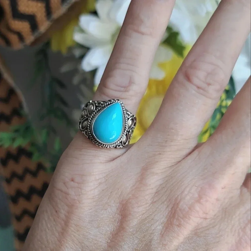 Natural Sleeping Beauty Turquoise Solitaire Ring In 925 Sterling Silver
